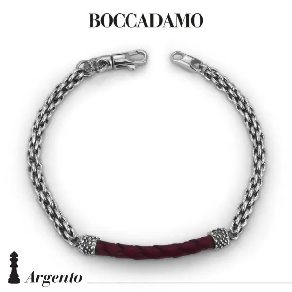 Bracciale a maglie cestina e cordino in pelle rossa    