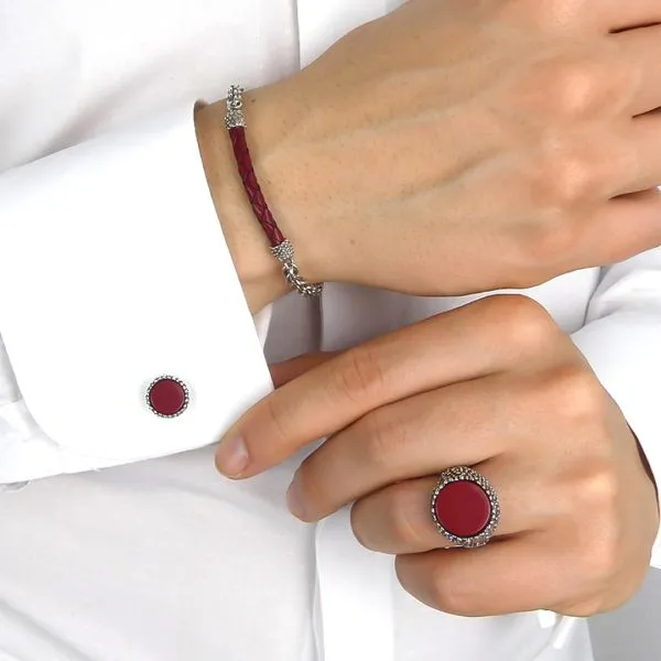 Bracciale a maglie cestina e cordino in pelle rossa    