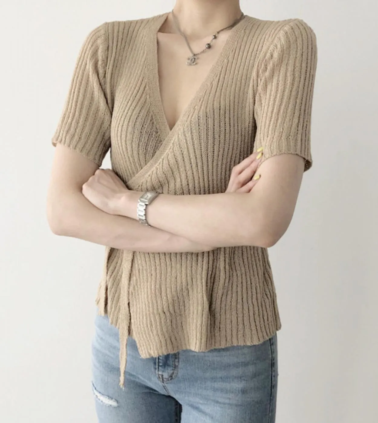 Camicie con scollo a V incrociate estive con fasce Maglieria sottile in seta di ghiaccio Maglie a manica corta Mujer 2023 Camice