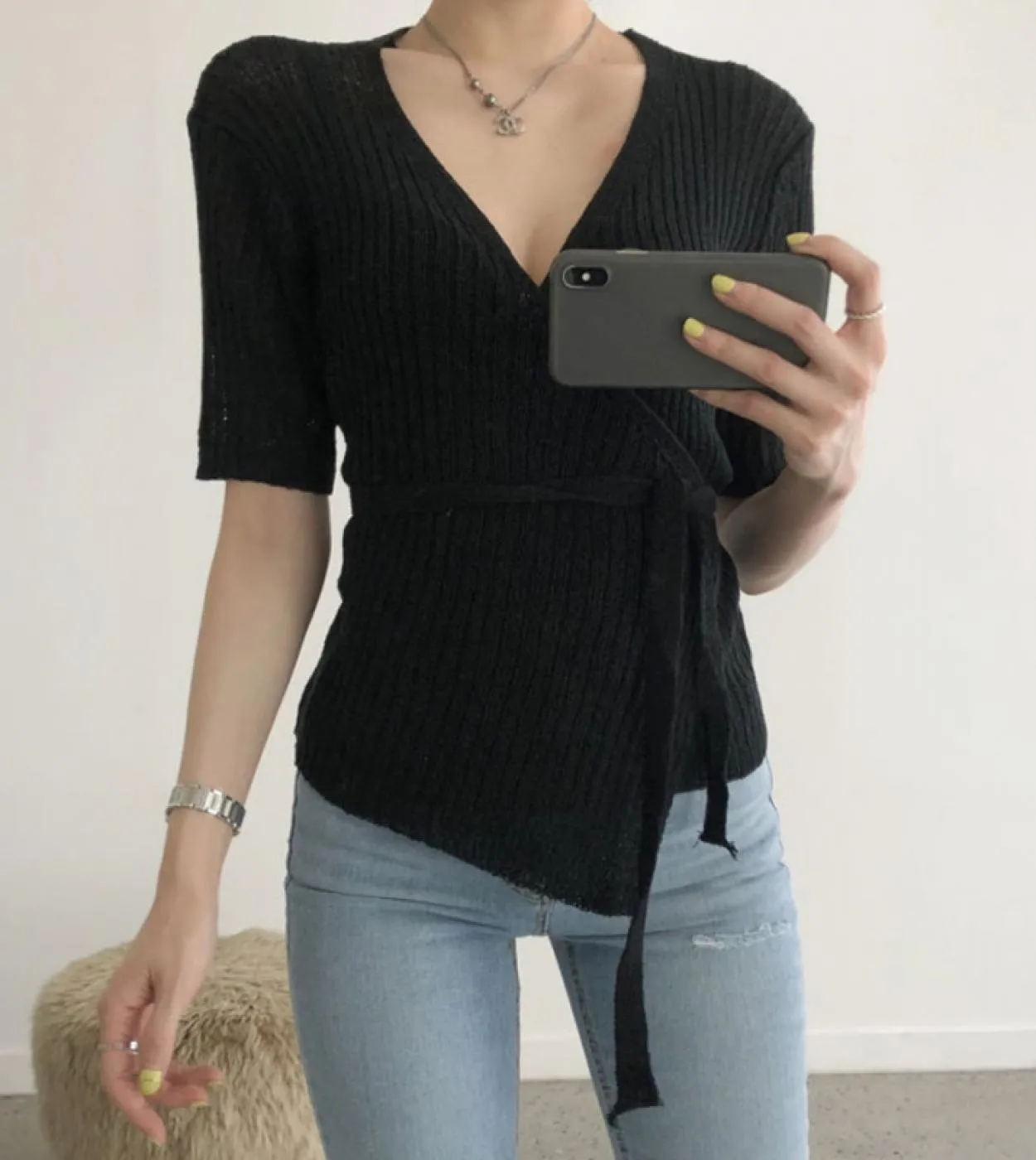 Camicie con scollo a V incrociate estive con fasce Maglieria sottile in seta di ghiaccio Maglie a manica corta Mujer 2023 Camice