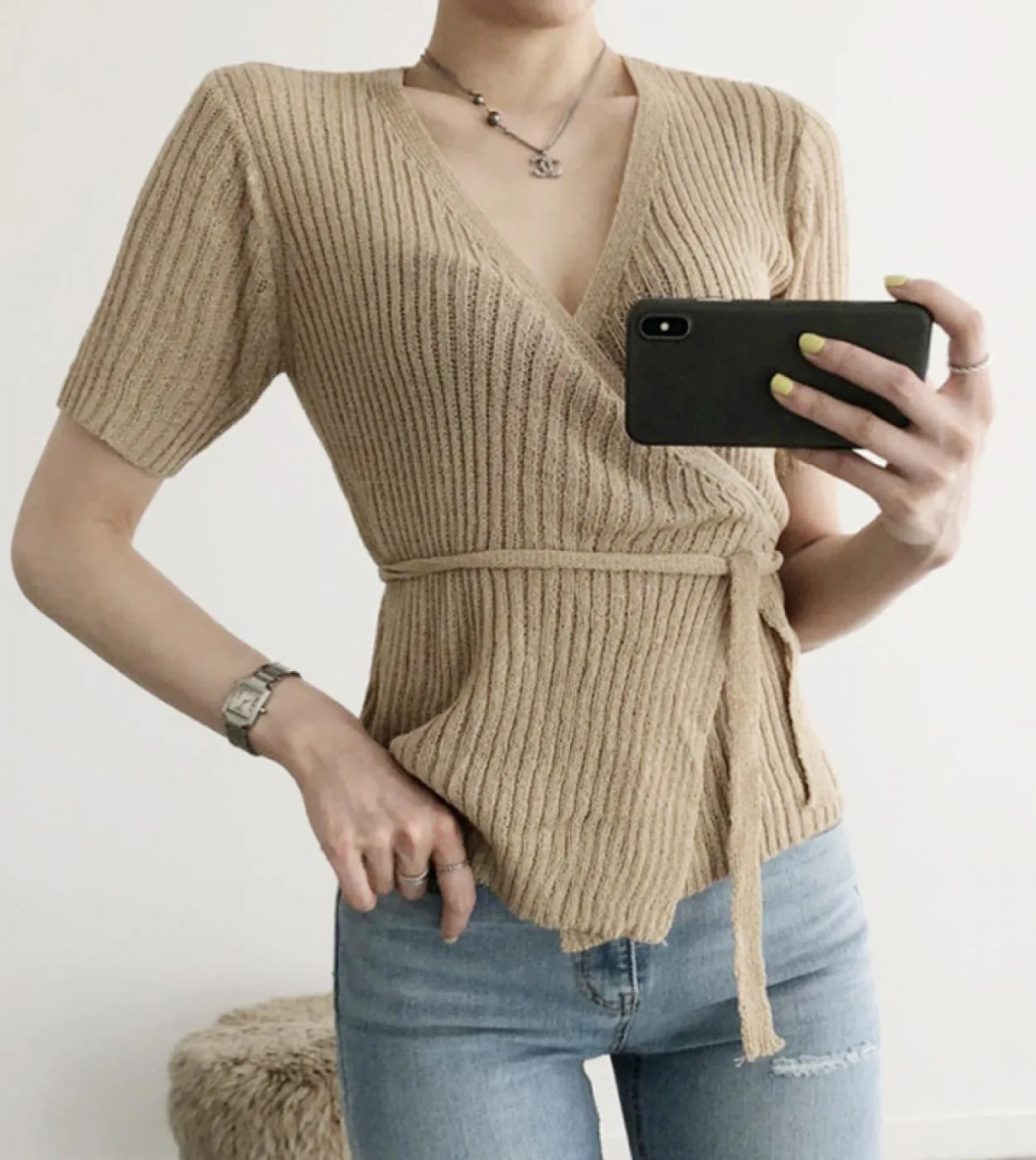 Camicie con scollo a V incrociate estive con fasce Maglieria sottile in seta di ghiaccio Maglie a manica corta Mujer 2023 Camice