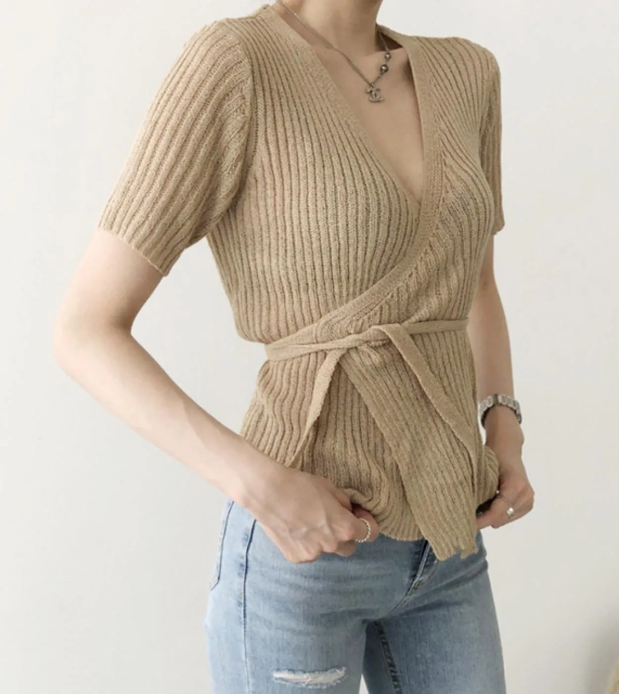 Camicie con scollo a V incrociate estive con fasce Maglieria sottile in seta di ghiaccio Maglie a manica corta Mujer 2023 Camice