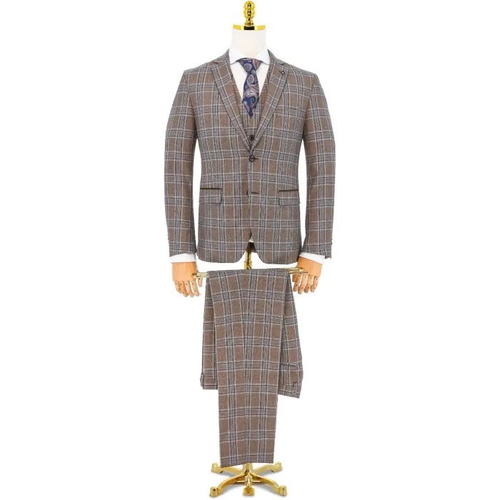 Costume 3 pezzi Henk ter Horst marrone chiaro a quadri blu Marrone chiaro
