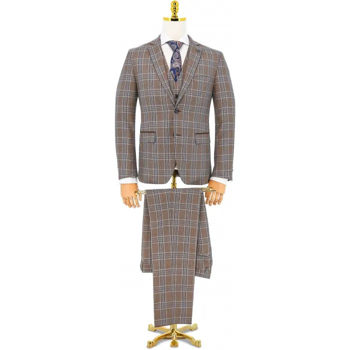 Costume 3 pezzi Henk ter Horst marrone chiaro a quadri blu Marrone chiaro