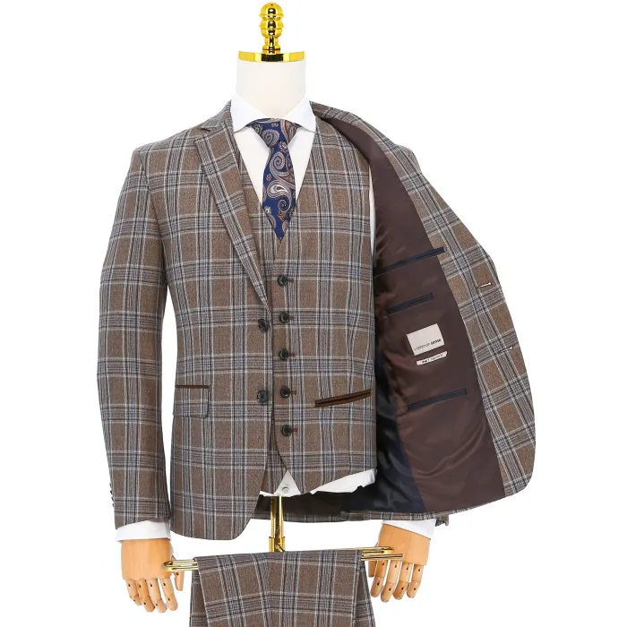 Costume 3 pezzi Henk ter Horst marrone chiaro a quadri blu Marrone chiaro