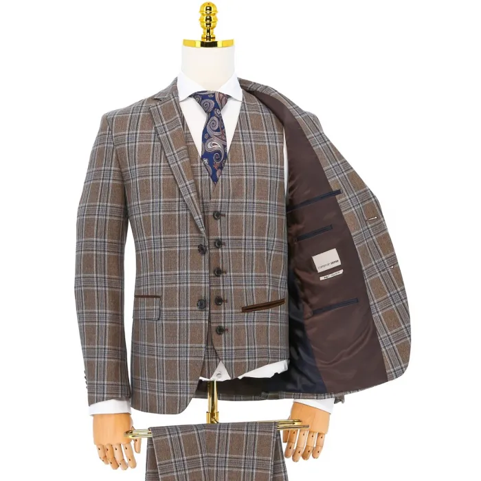 Costume 3 pezzi Henk ter Horst marrone chiaro a quadri blu Marrone chiaro