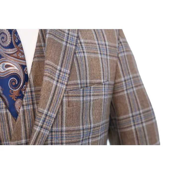 Costume 3 pezzi Henk ter Horst marrone chiaro a quadri blu Marrone chiaro