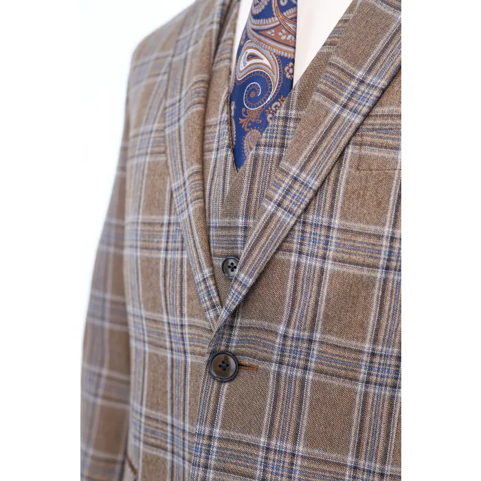 Costume 3 pezzi Henk ter Horst marrone chiaro a quadri blu Marrone chiaro