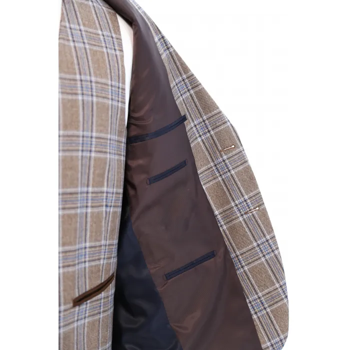 Costume 3 pezzi Henk ter Horst marrone chiaro a quadri blu Marrone chiaro