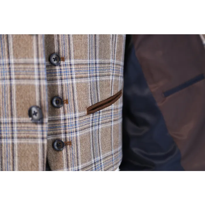 Costume 3 pezzi Henk ter Horst marrone chiaro a quadri blu Marrone chiaro