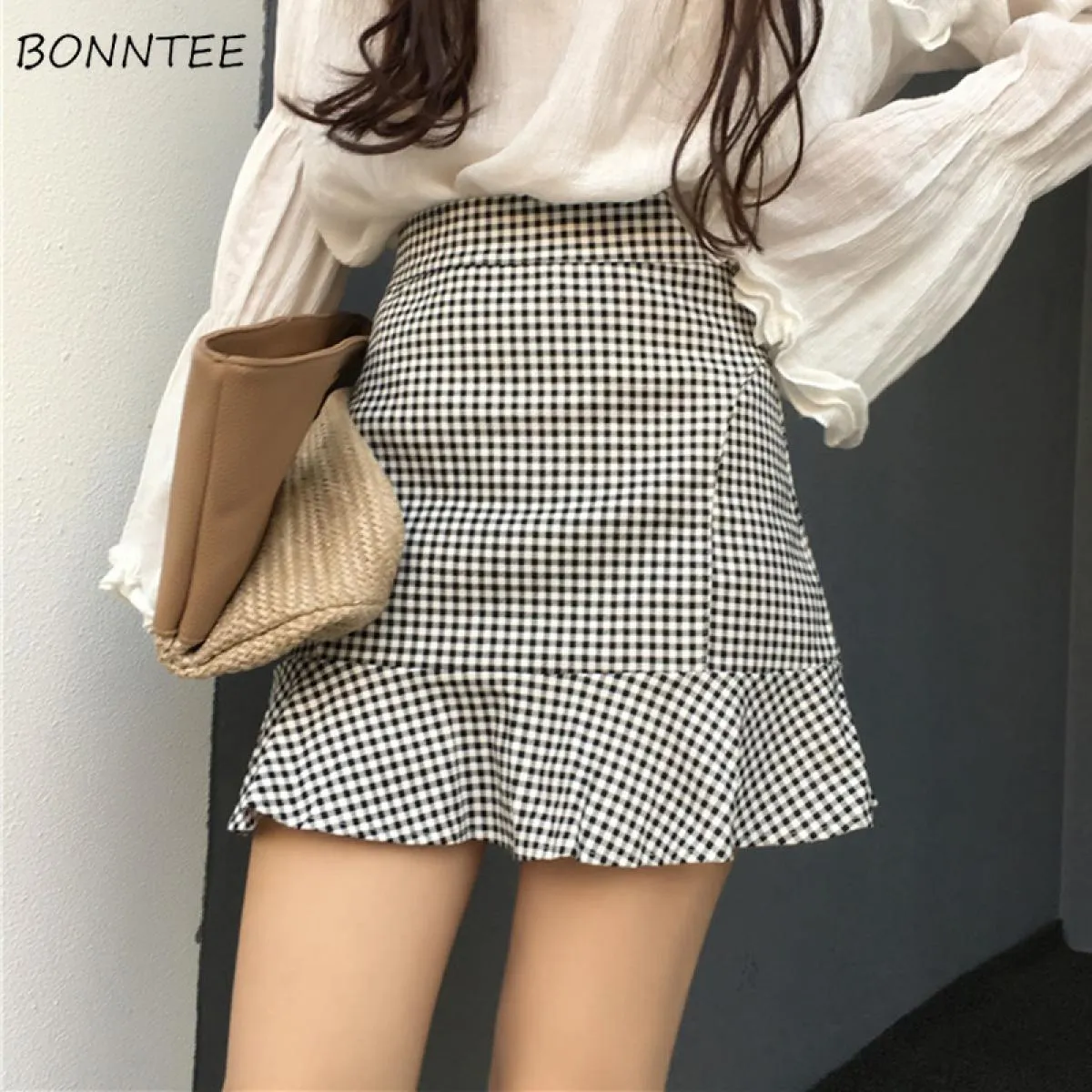 Gonne Donna Scozzese Tromba Minigonna a vita alta Donna Estate Femmina Retro Donna Stile elegante Tempo libero Alla moda femmini