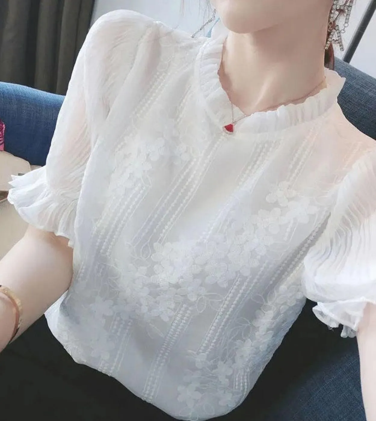 Nuovi top da donna eleganti e camicetta di pizzo colletto alla coreana Camicie a maniche lanterna da donna in chiffon bianco 202