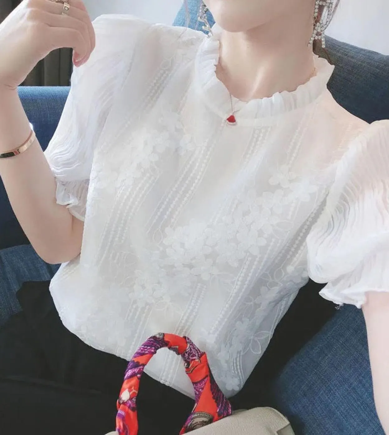 Nuovi top da donna eleganti e camicetta di pizzo colletto alla coreana Camicie a maniche lanterna da donna in chiffon bianco 202