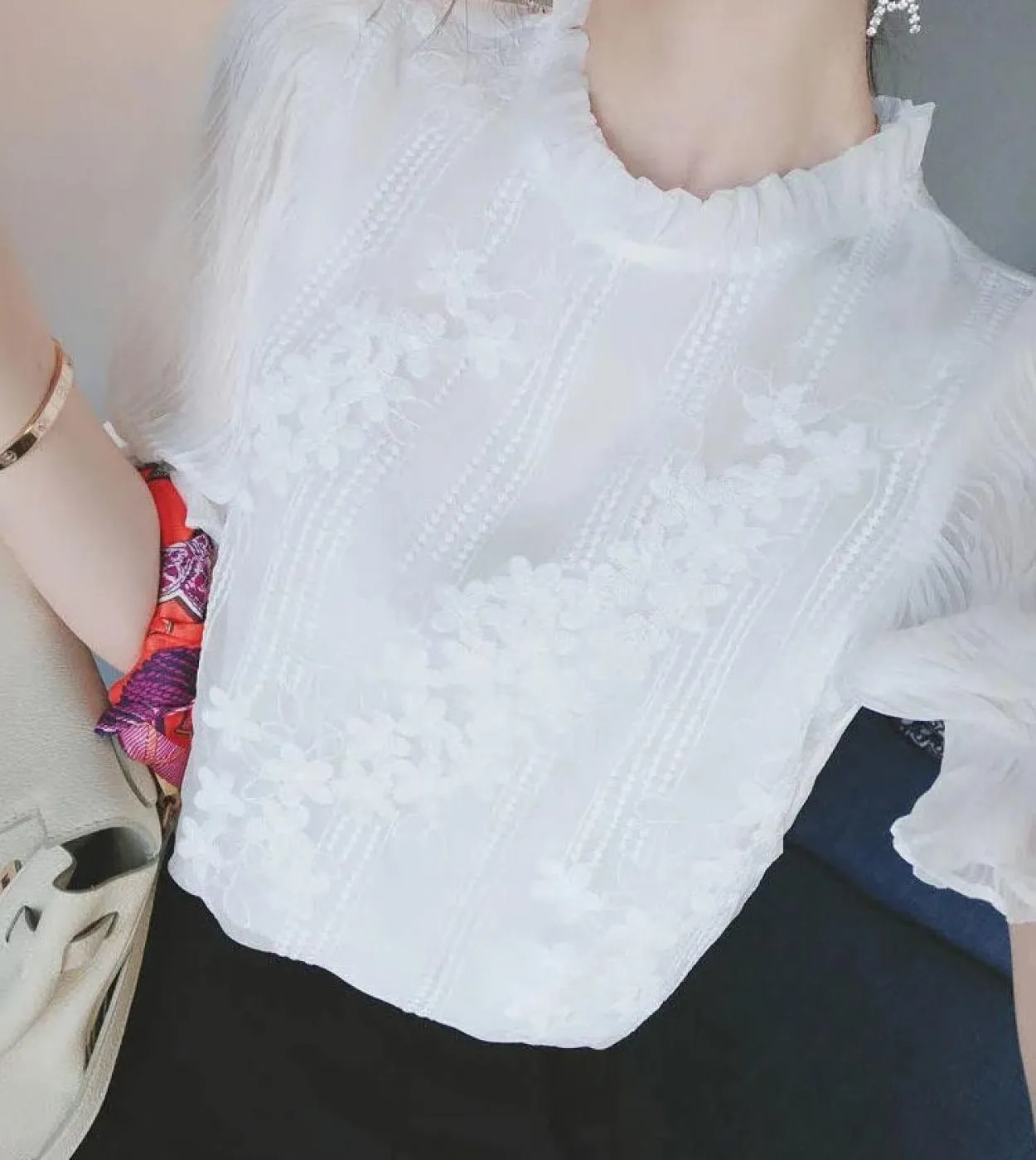 Nuovi top da donna eleganti e camicetta di pizzo colletto alla coreana Camicie a maniche lanterna da donna in chiffon bianco 202