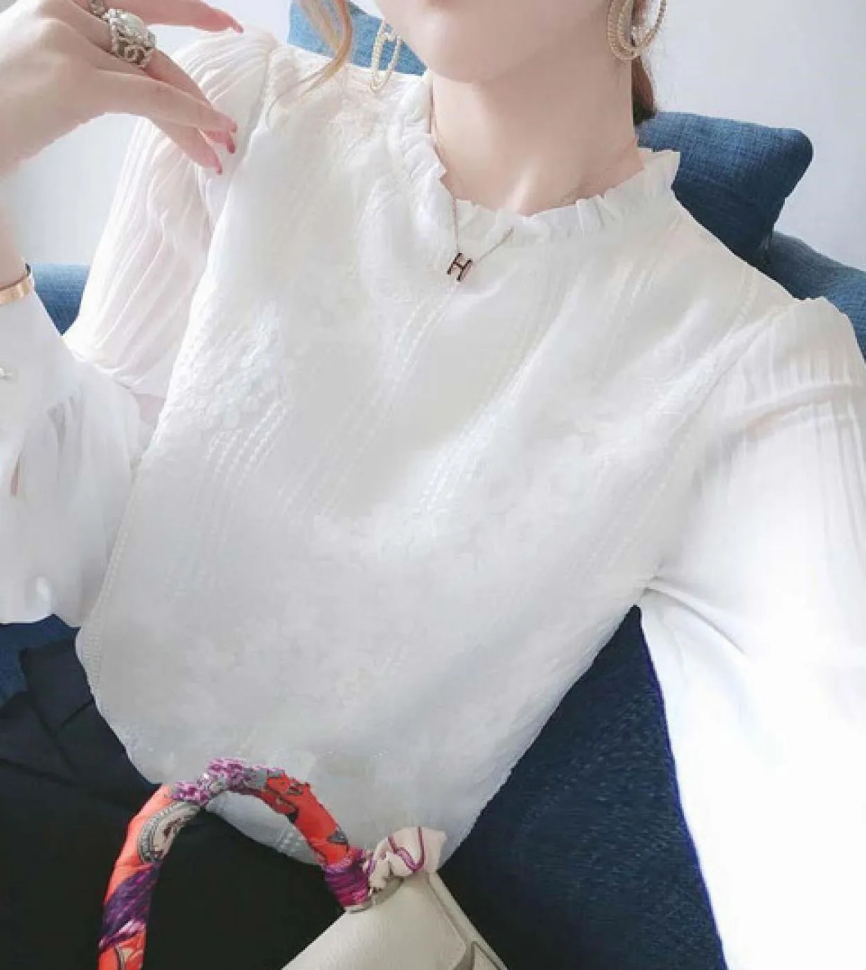 Nuovi top da donna eleganti e camicetta di pizzo colletto alla coreana Camicie a maniche lanterna da donna in chiffon bianco 202